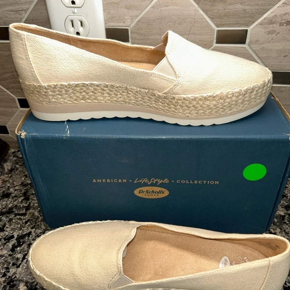 Dr. Scholl's Discovery Women's Espadrille Slip-Ons Cream Wedge Cotton Shoes